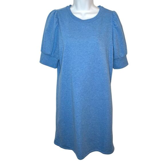 LOFT Sky Blue Puff Sleeve Mini Sweatshirt Dress Short Sleeve M - Picture 1 of 10